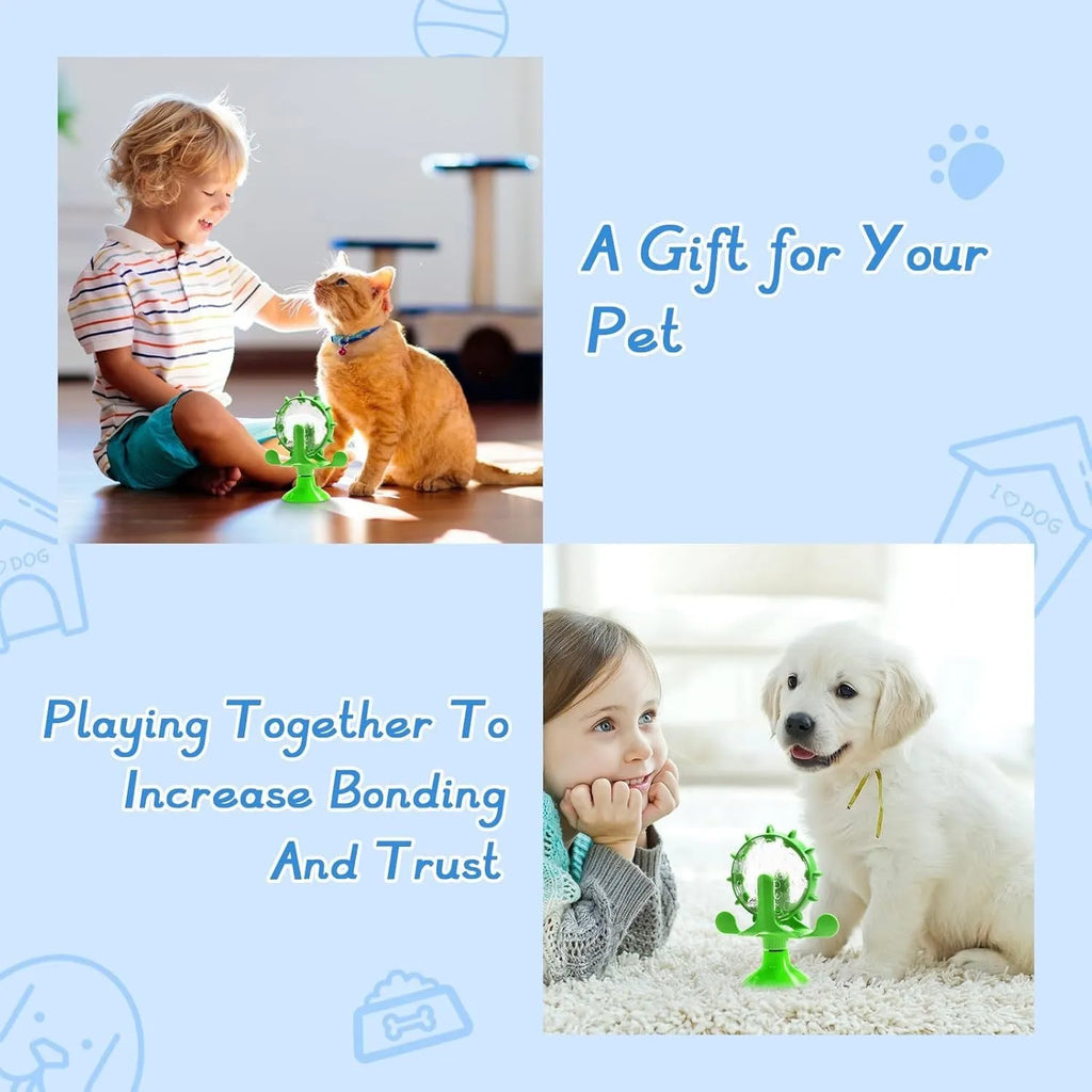 Interactive pet puzzle feeder toy with spinner and suction cup base in assorted colours