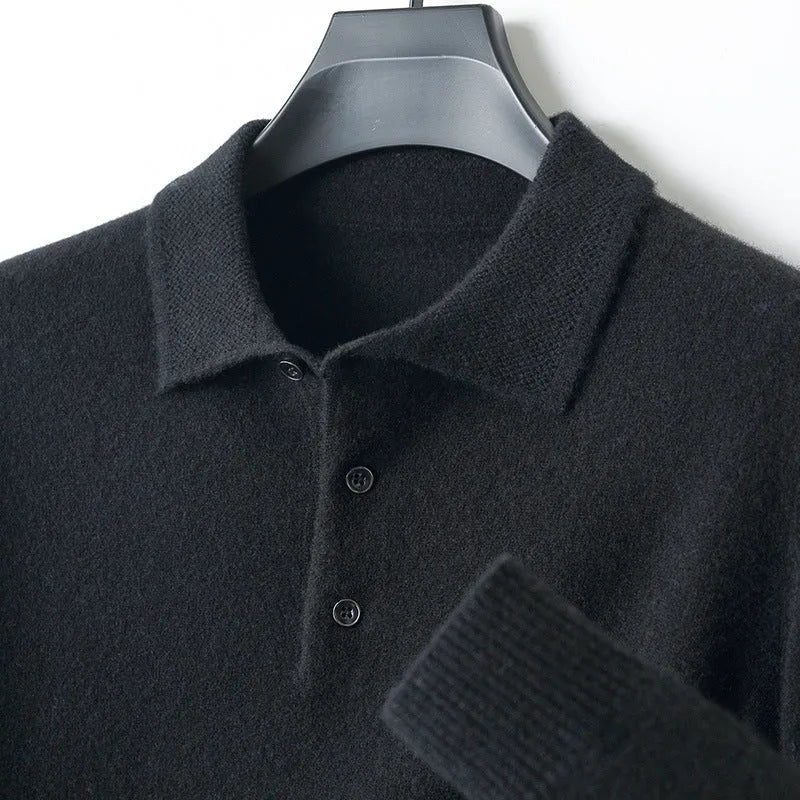 Men's grey polo collar wool blend pullover sweater on a hanger
