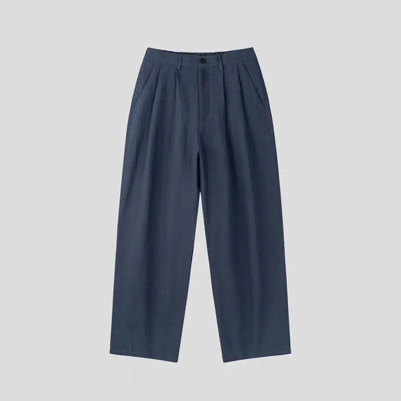 Men's wide-leg cotton linen trousers in apricot colour with elastic waist and pencil leg opening