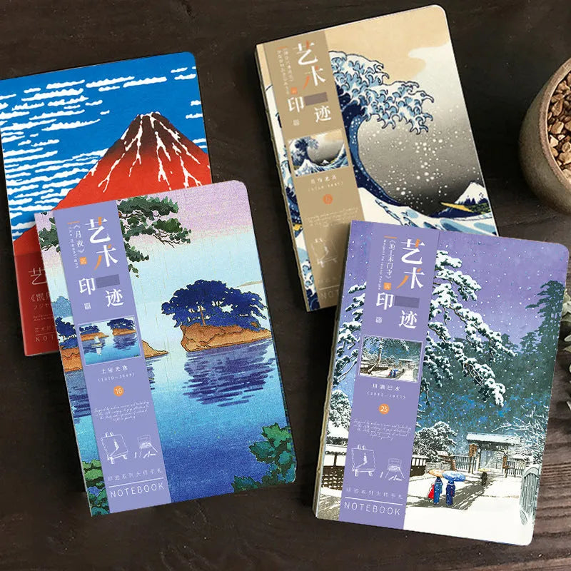 Hardback Ukiyo-e series hand ledger notebook with retro Japanese print cover, open to show 100g paper pages.