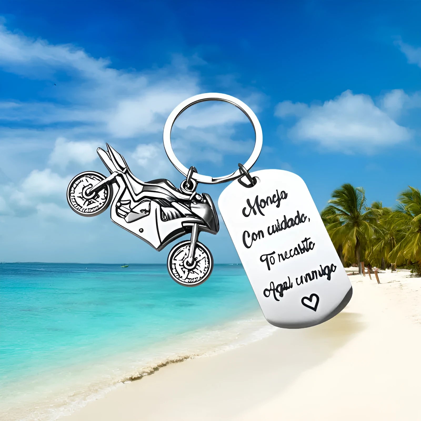 Stainless steel motorcycle keychain with metal construction and flannel storage bag