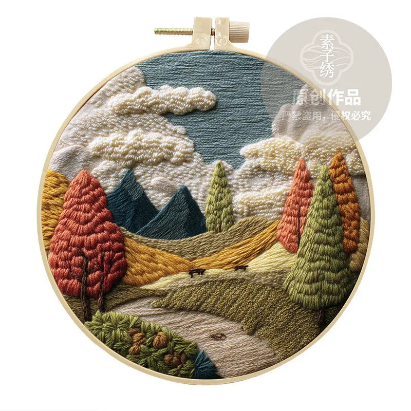 Landscape embroidery DIY kit with cotton linen fabric, 15cm imitation bamboo frame, and embroidery tools
