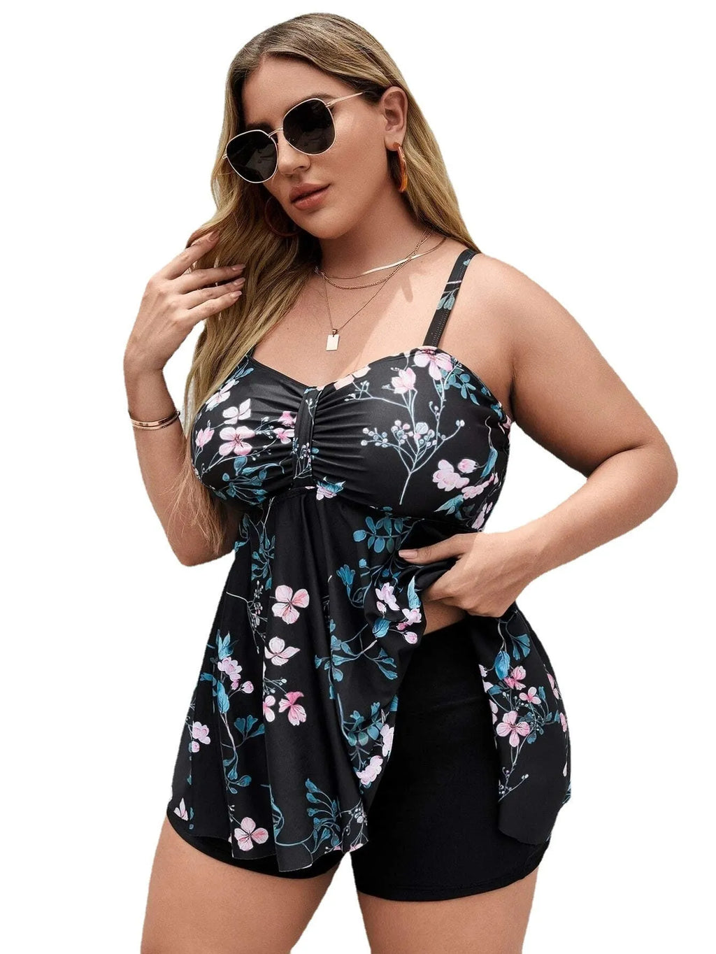 Women's plus size floral print one-piece swimsuit in extended sizes with high elasticity fabric