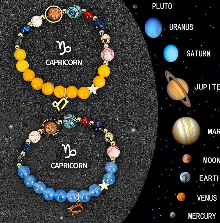Natural stone beaded bracelets for twelve zodiac signs in two-piece astrology jewellery set
