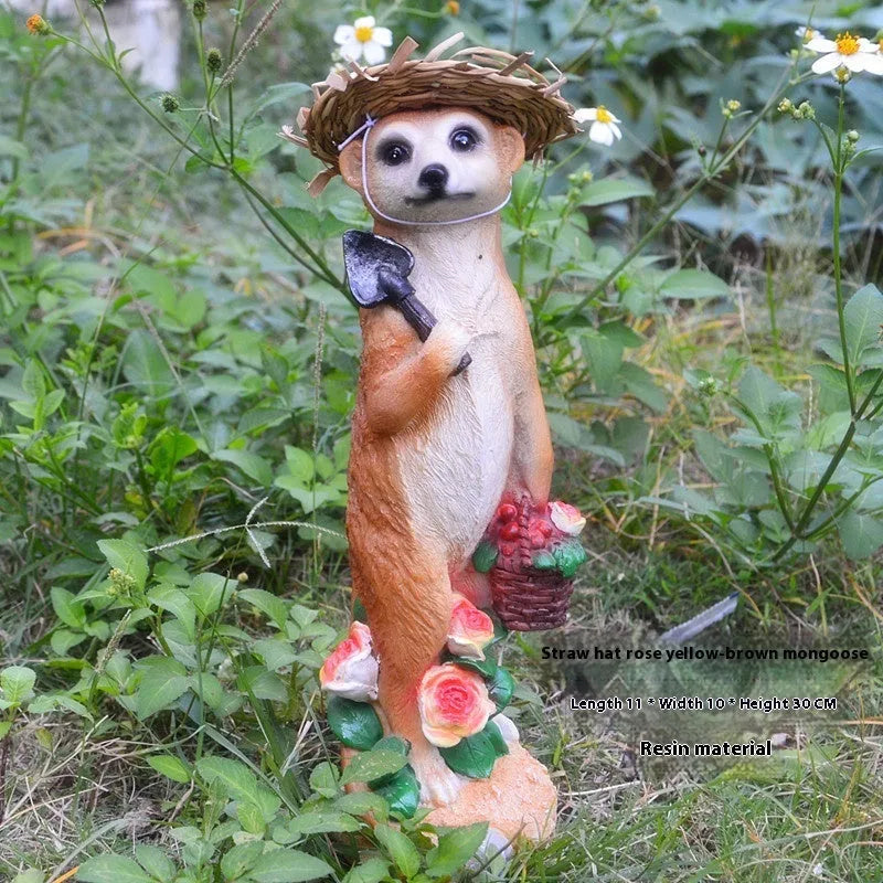 Straw hat mongoose garden ornament with synthetic resin construction for outdoor decoration