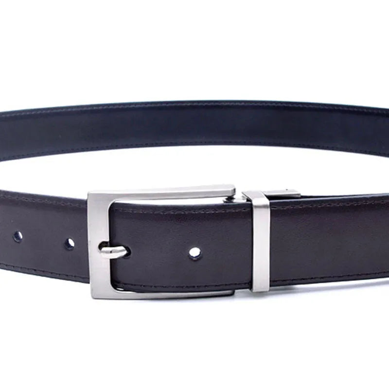 Men's brown black genuine leather belt with rotating alloy pin buckle showing length options