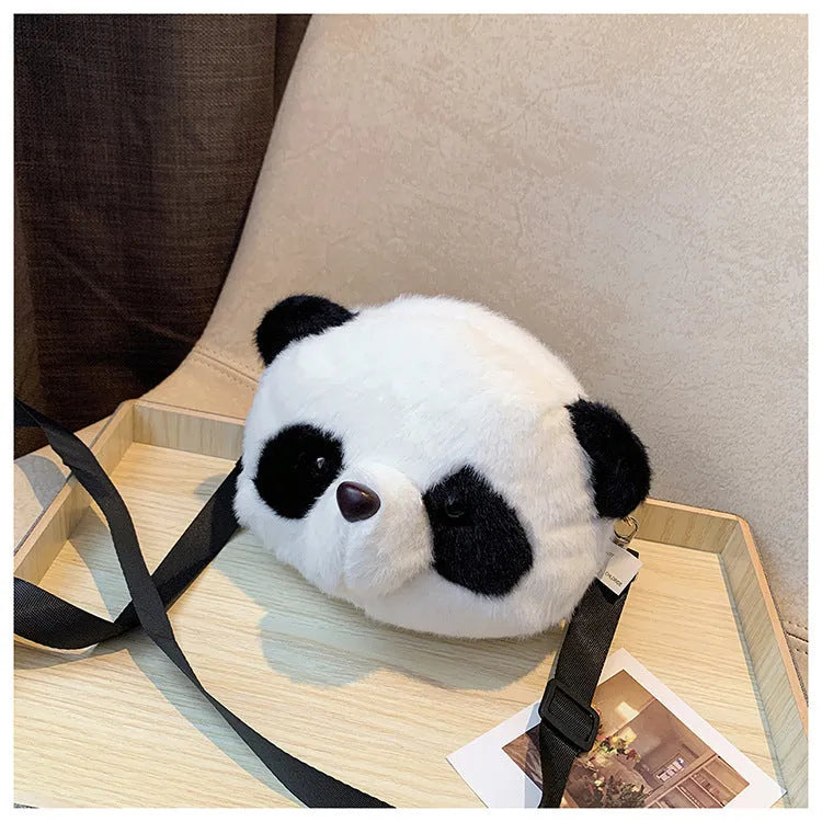 Plush panda head design crossbody shoulder bag with soft cylindrical shape