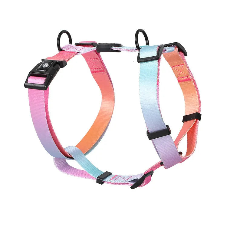 Gradient colour pet harness with adjustable chest strap in four pattern options