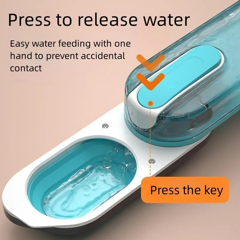 Blue portable pet water bottle with foldable silicone drinking bowl extended, showing carrying strap.