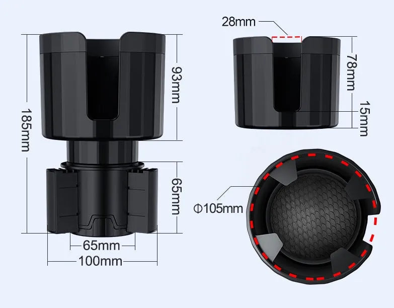Matte black adjustable car cup holder expander for large bottles and travel mugs.