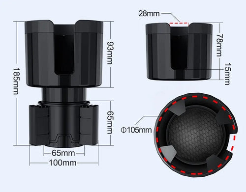 Matte black adjustable car cup holder expander for large bottles and travel mugs.