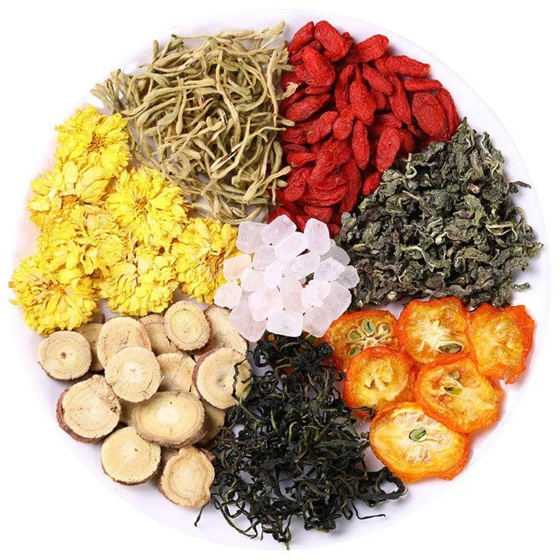 Box of honeysuckle chrysanthemum tea showing 150g net content and pack size options