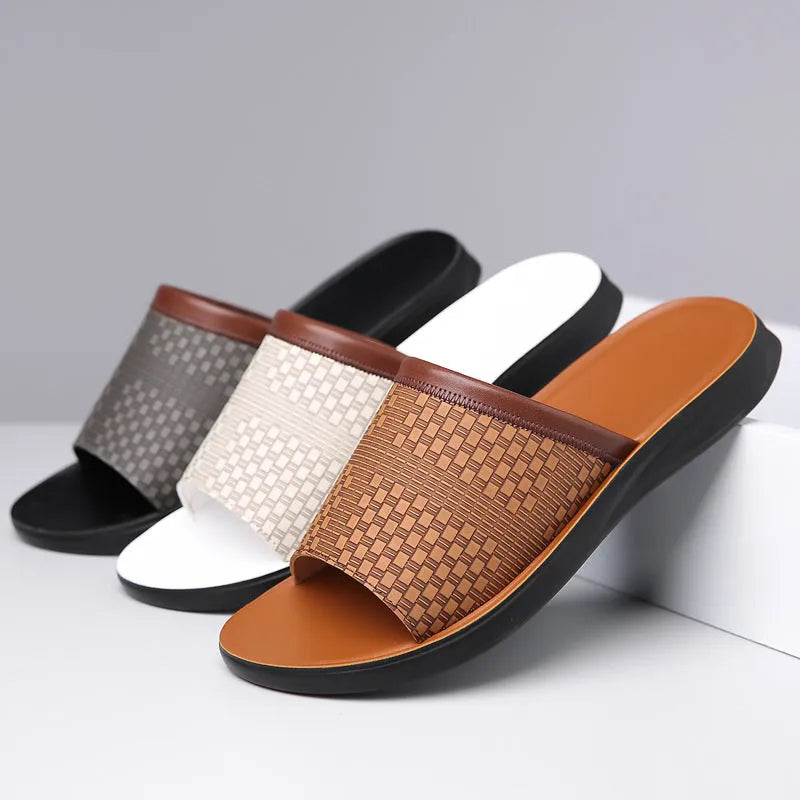 Men's simplicity fashionable all-match breathable slippers in black with PU leather upper, flat heel, and round toe