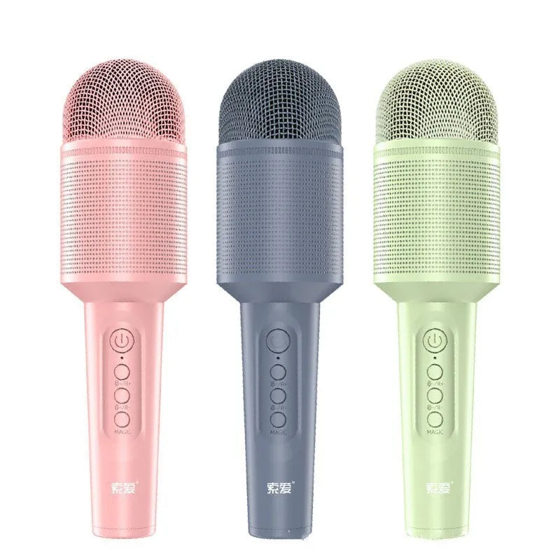 Bluetooth karaoke microphone in pink, blue and green colour options with USB connectivity