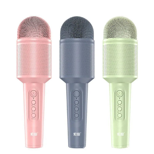 Bluetooth karaoke microphone in pink, blue and green colour options with USB connectivity