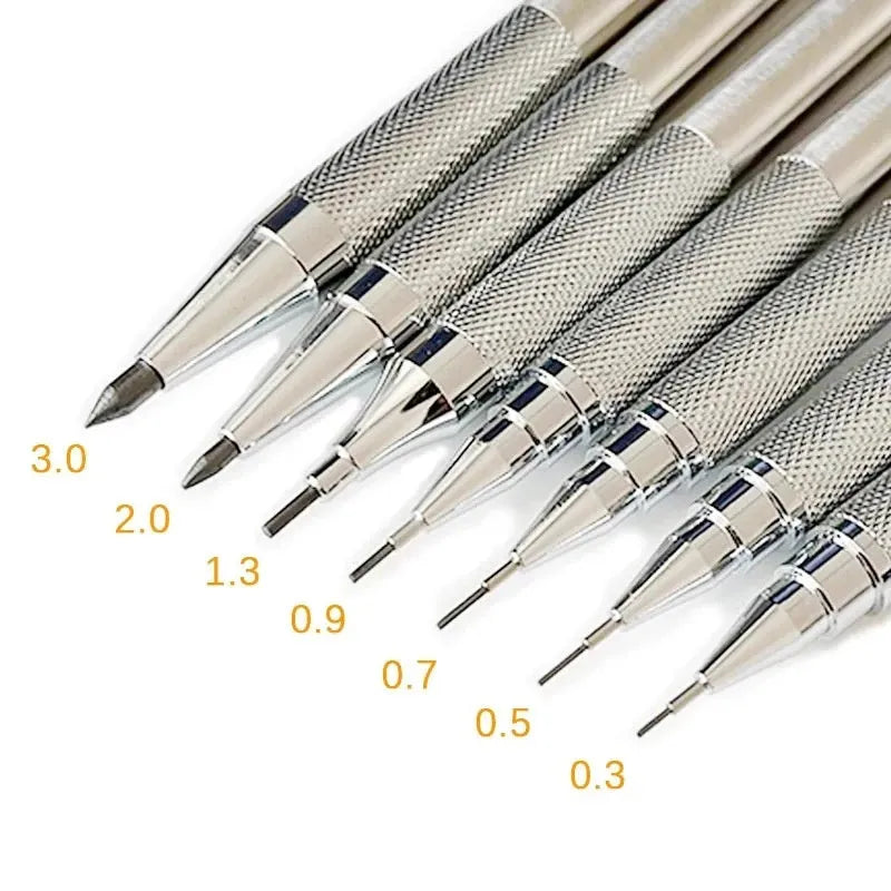 Metal automatic mechanical pencil with 0.5mm to 2.0mm lead size options
