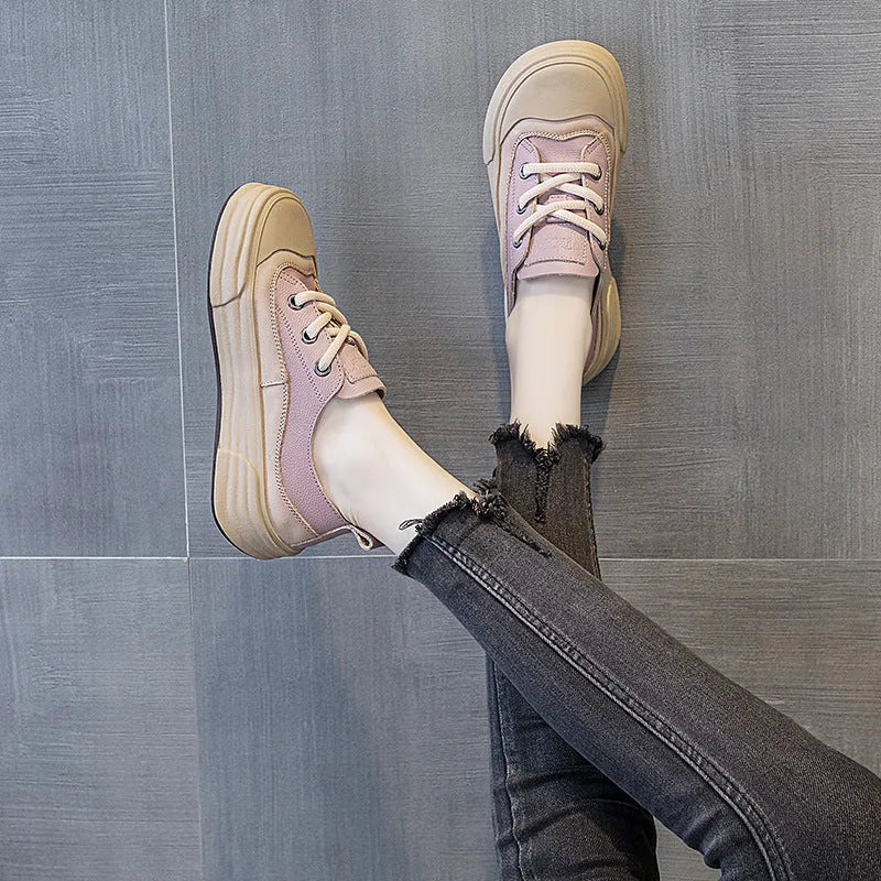 Women's cowhide leather platform sneakers in matcha green with front lace-up design.