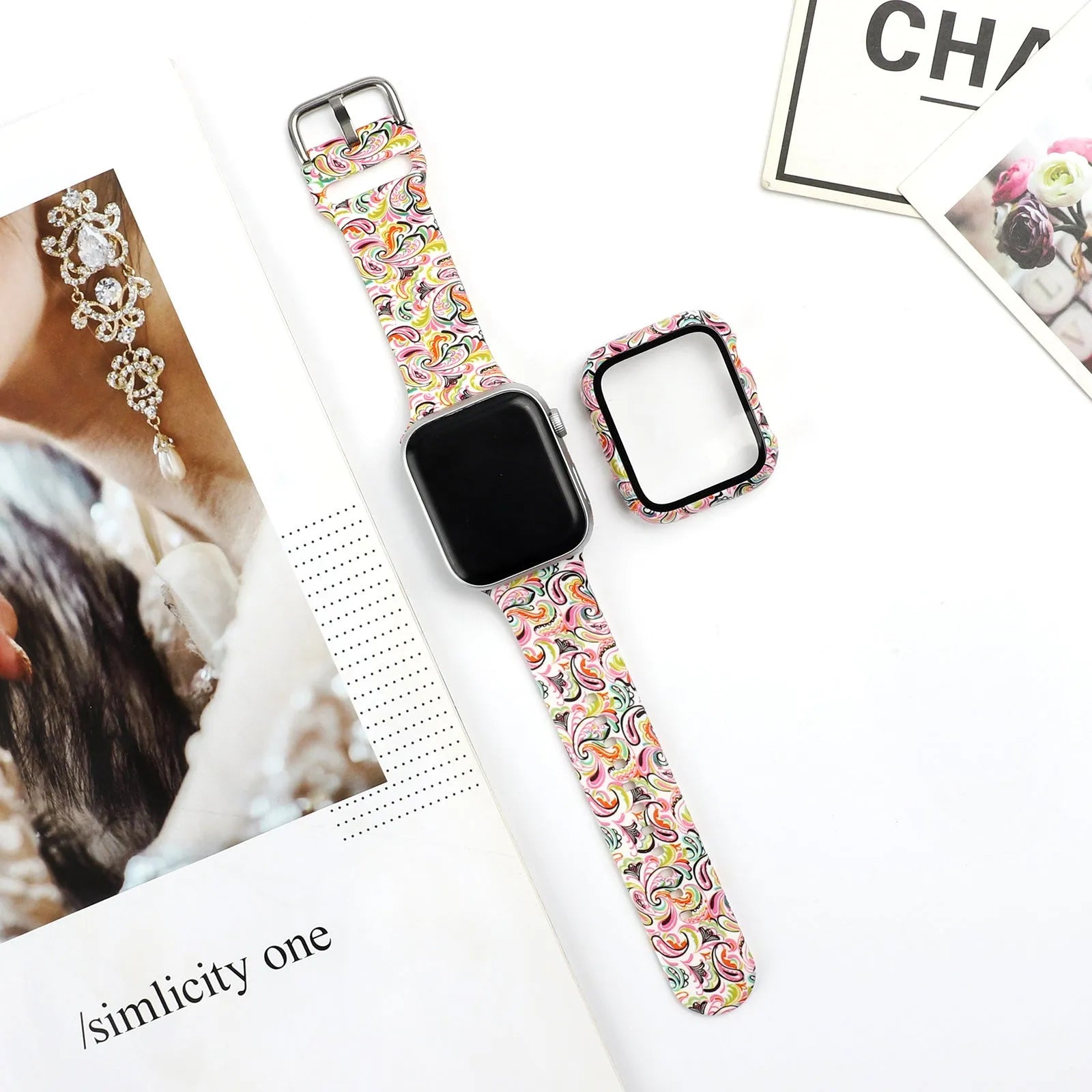 Printed silicone watch strap for Apple Watch showing multiple colourful pattern options.