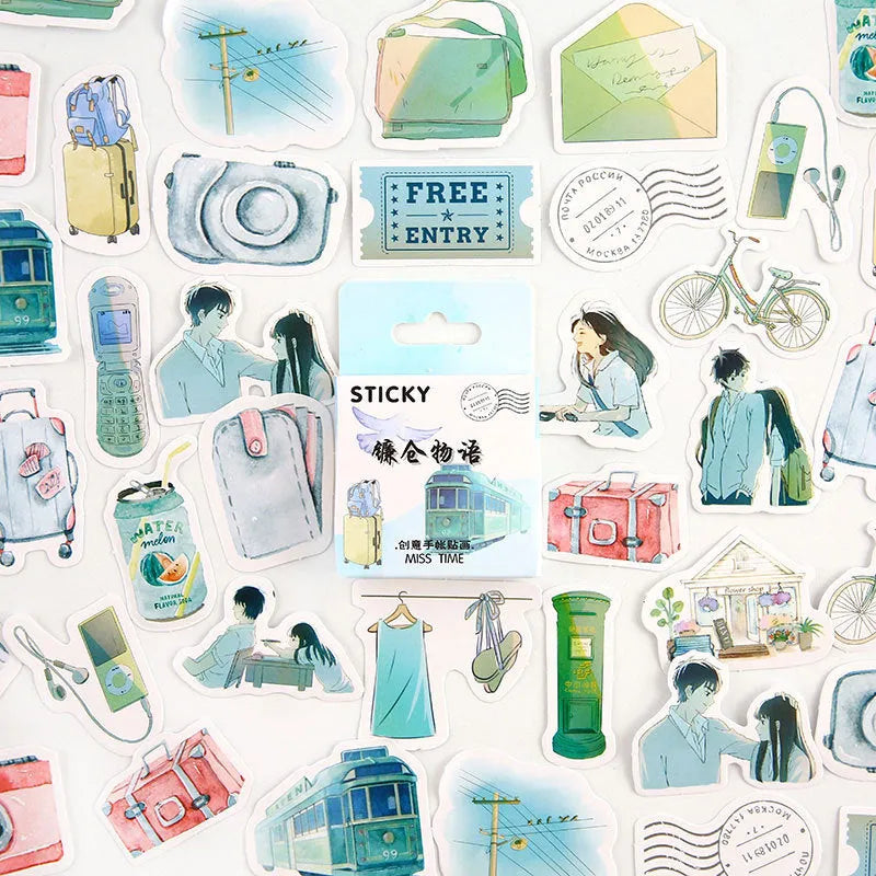 Box of 46 small colourful cartoon stickers for journal decoration and children's crafts.