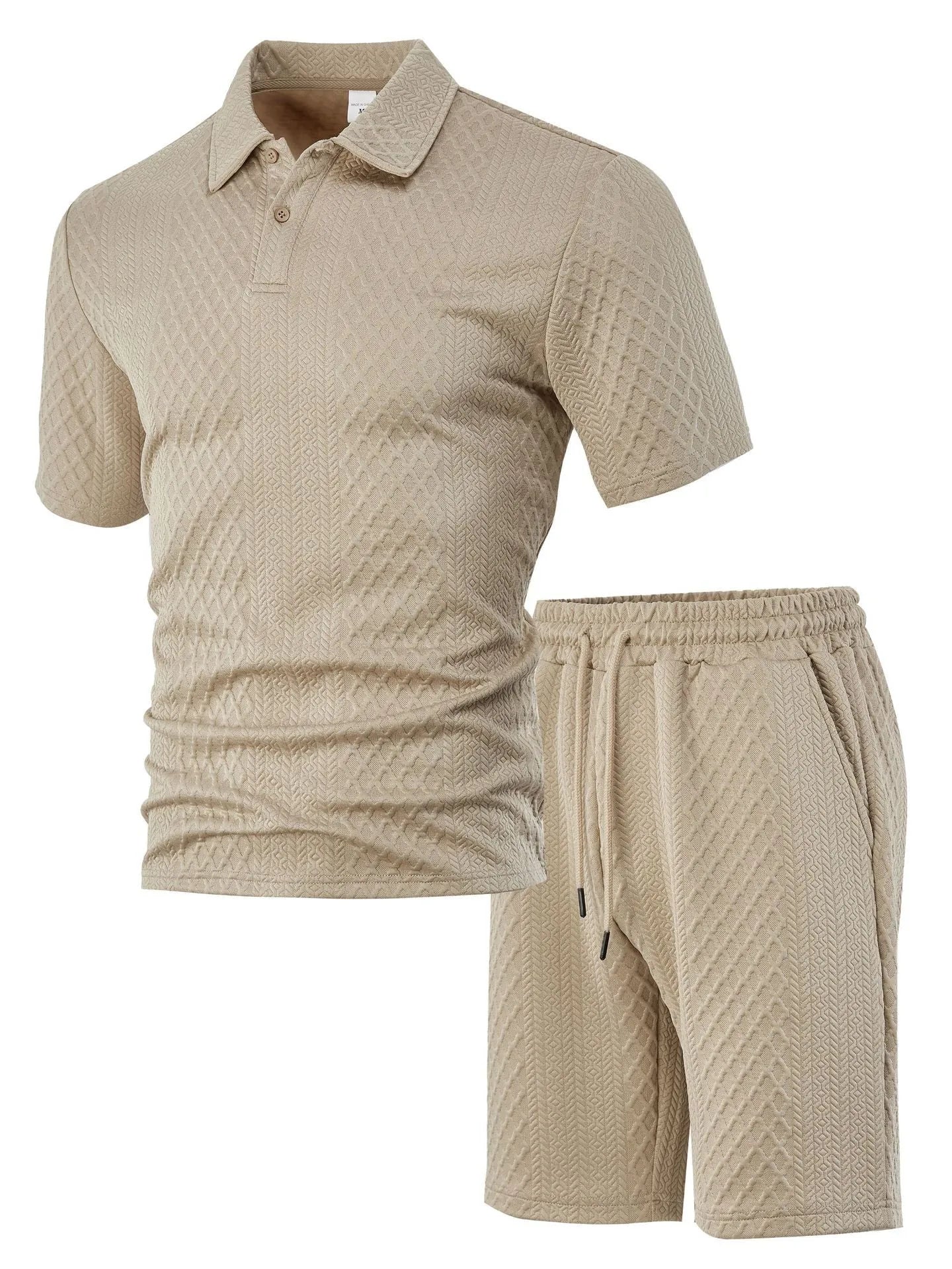 Men's patterned polyester casual short sleeve suit in multiple colours with polo shirt and trousers