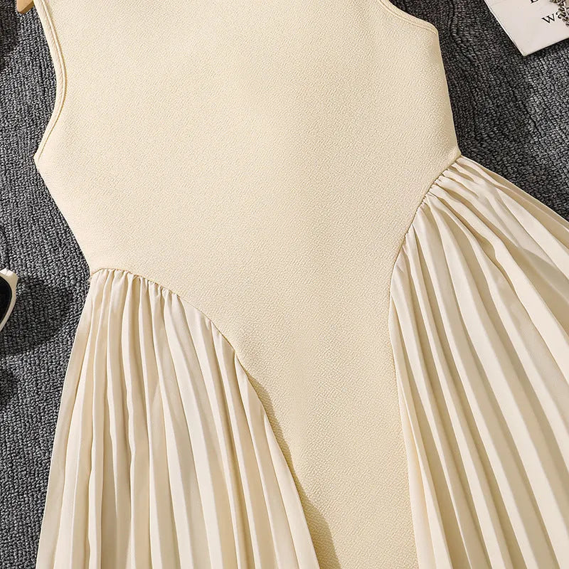 Girls' sleeveless formal dress with stand collar pleated stitching A-line skirt in Milky White cotton blend