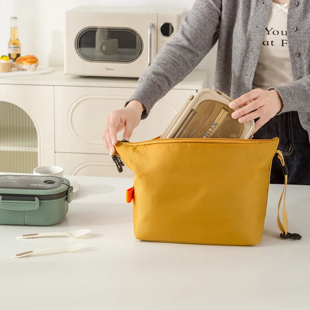 Japanese style insulated lunch bag in Army Green Oxford cloth with wide opening.