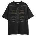 Brown cotton t-shirt with skull print design and drop shoulder sleeves laid flat
