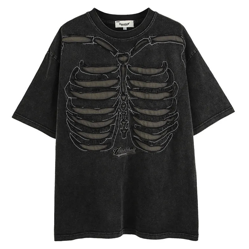Brown cotton t-shirt with skull print design and drop shoulder sleeves laid flat