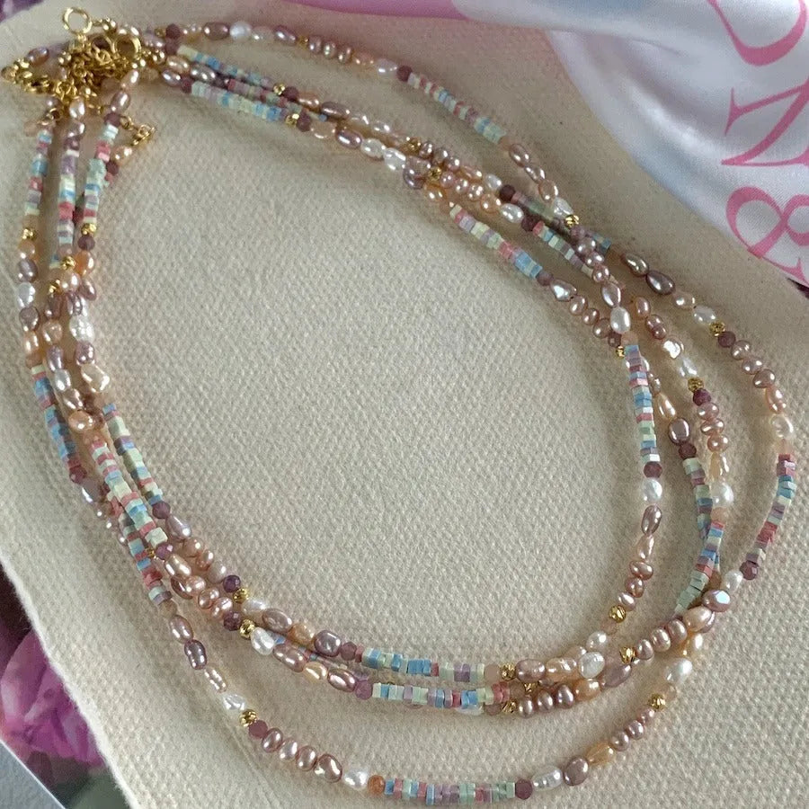 Purple natural pearl bracelet and necklace set on 14K gold-plated silver with U-shaped design