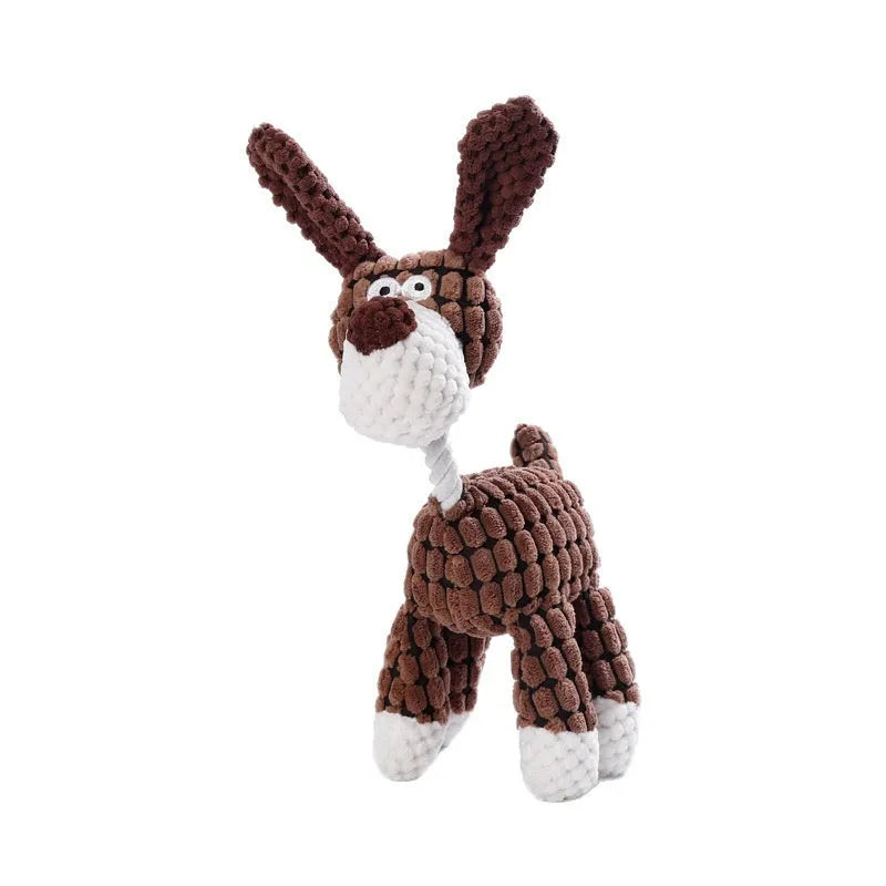 Bite-resistant puppy plush toy collection showing rechargeable duck, donkey, elephant, and dog styles