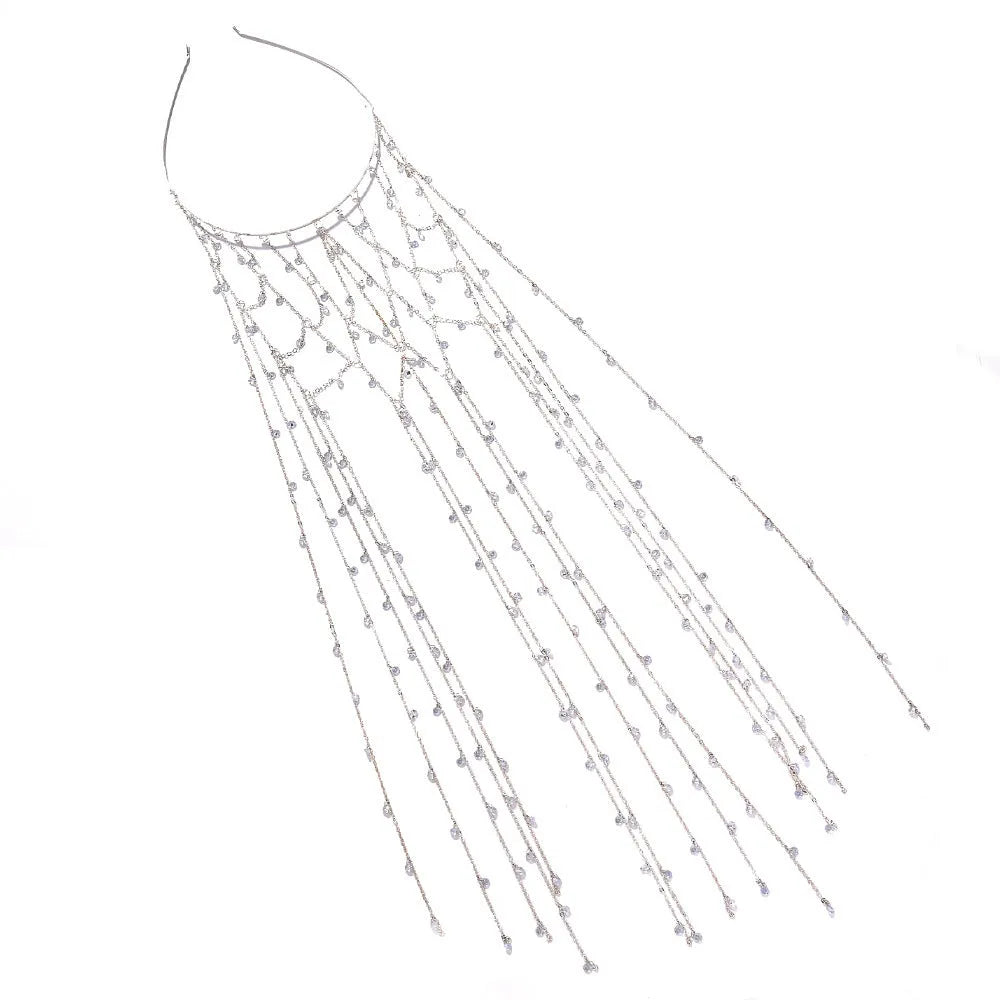 Gold or silver electroplated mesh rhinestone headband with decorative tassel hair accessory