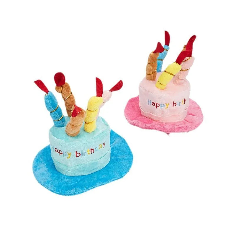 Blue and pink dog birthday hats showing dimensions of 21cm x 15cm x 6.5cm