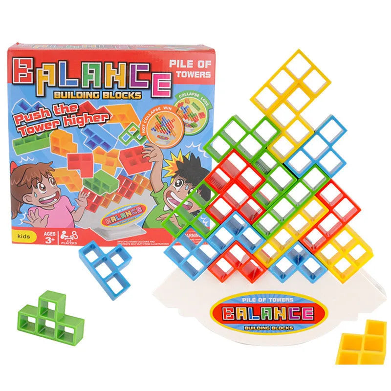 Plastic balance stacking board game with 16 colourful blocks, chassis, and base in a 26.5cm square box.