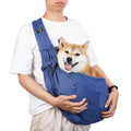 A folded and unfolded collapsible cat messenger bag with mesh panels, shown in blue.