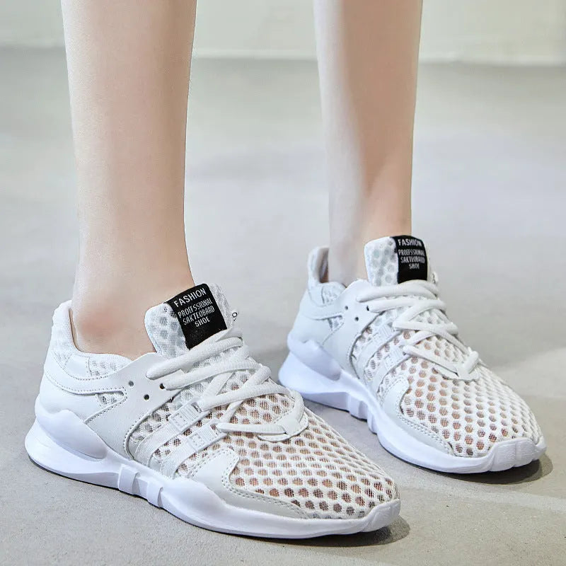 Side view of black hollow breathable mesh sneakers with flat EVA sole and round toe design