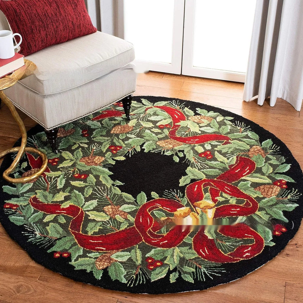 Christmas round pad polyester carpet on floor in 60cm or 80cm size, showing one of ten festive printed designs.