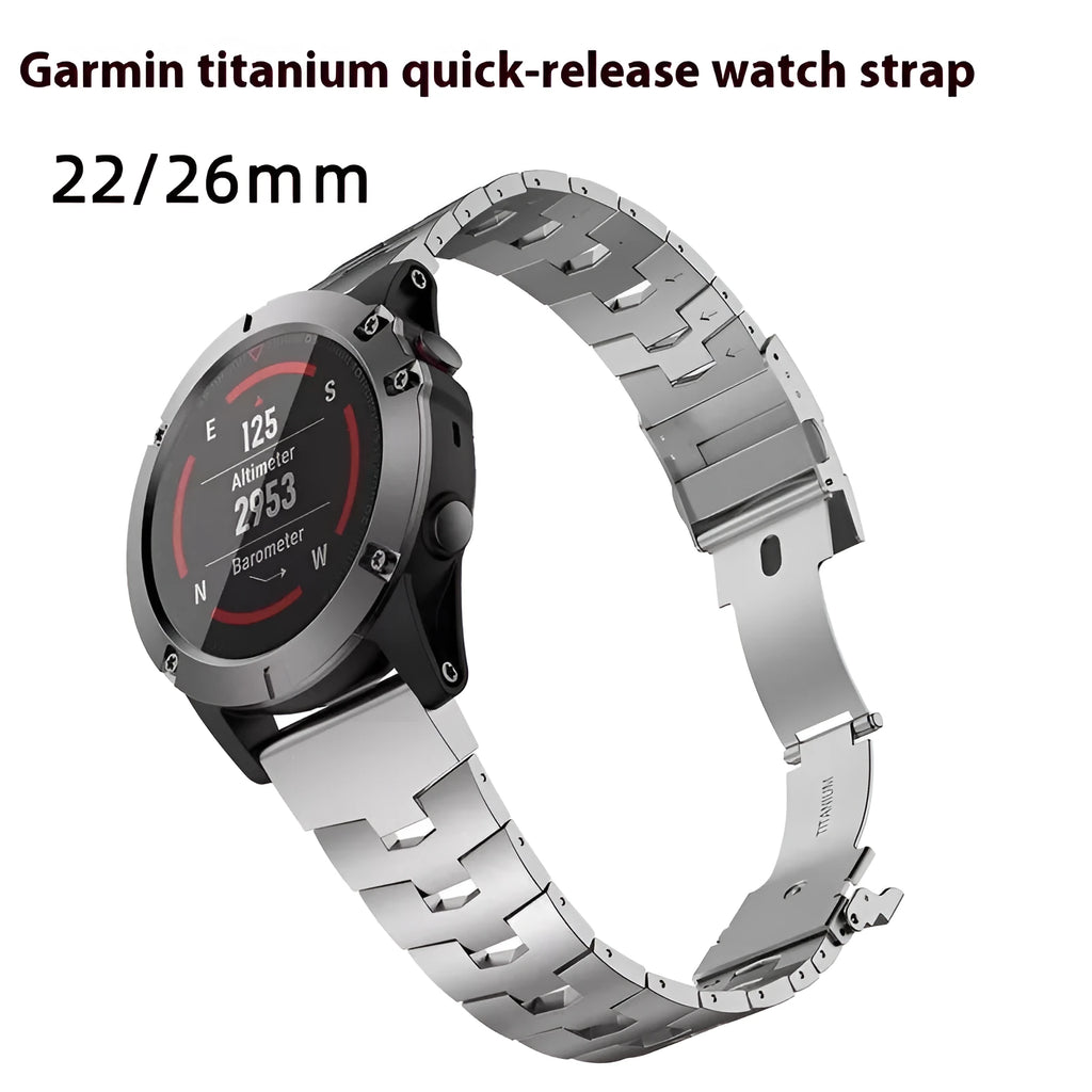 Garmin Fenix Jiaming compatible watch strap in silver, black, and titanium colour options showing 22mm and 26mm widths.