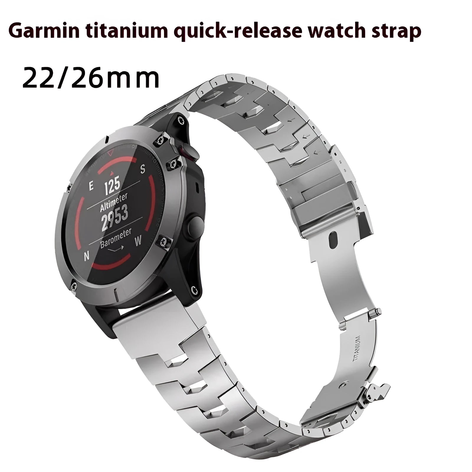 Garmin Fenix Jiaming compatible watch strap in silver, black, and titanium colour options showing 22mm and 26mm widths.