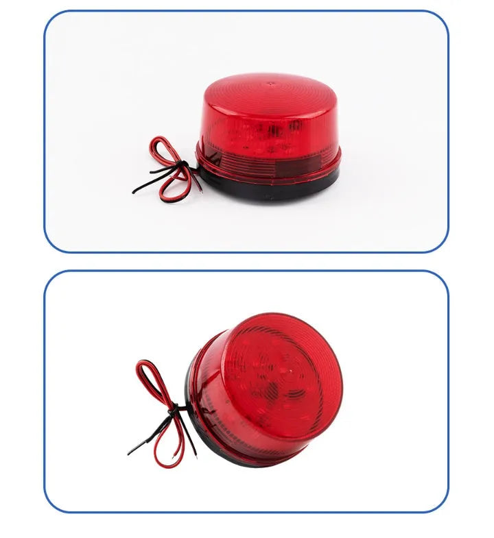 Small red 24V warning and alarm light with strobe flash and siren, model HC-79, on its mounting base.