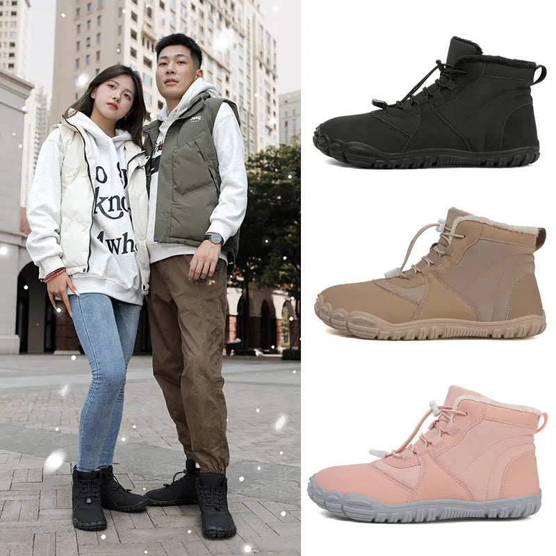 Unisex black waterproof snow boots with lace-up front and thick rubber sole on a snowy background.