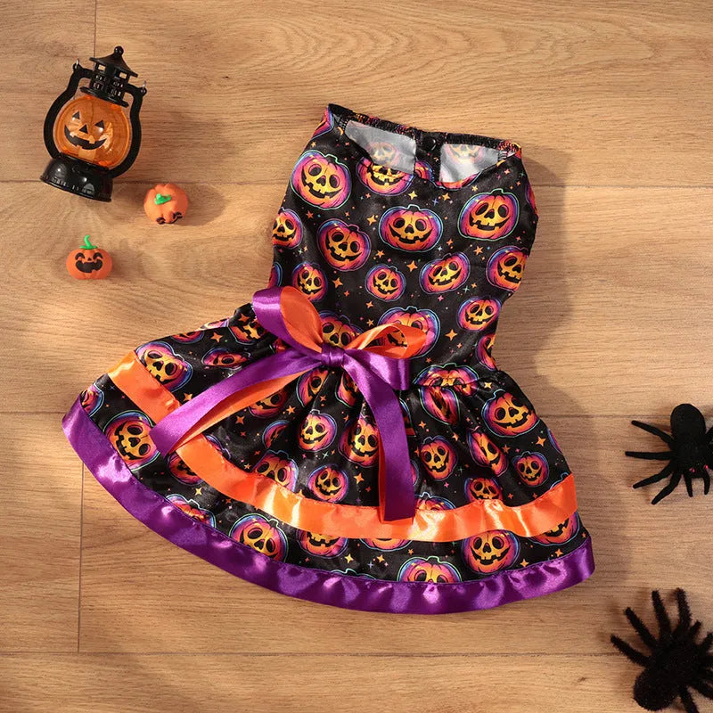 Halloween dog skirt with colourful pumpkin print, double-layer construction, casual pet costume