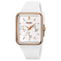 Slim square silicone waterproof watch for girls in white rose gold colour, showing 10.8mm thickness profile