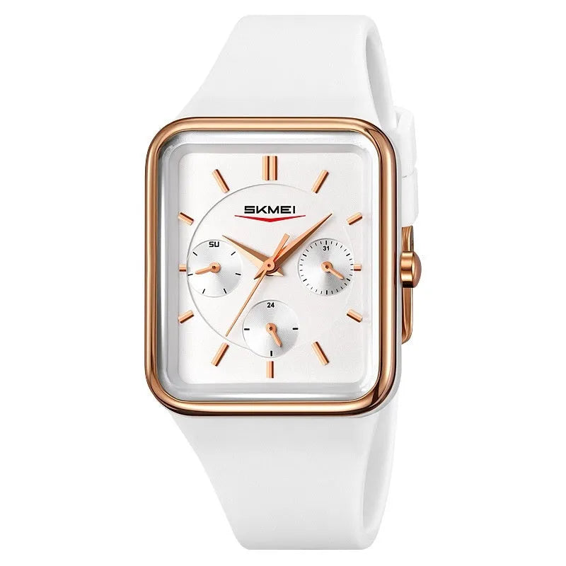 Slim square silicone waterproof watch for girls in white rose gold colour, showing 10.8mm thickness profile