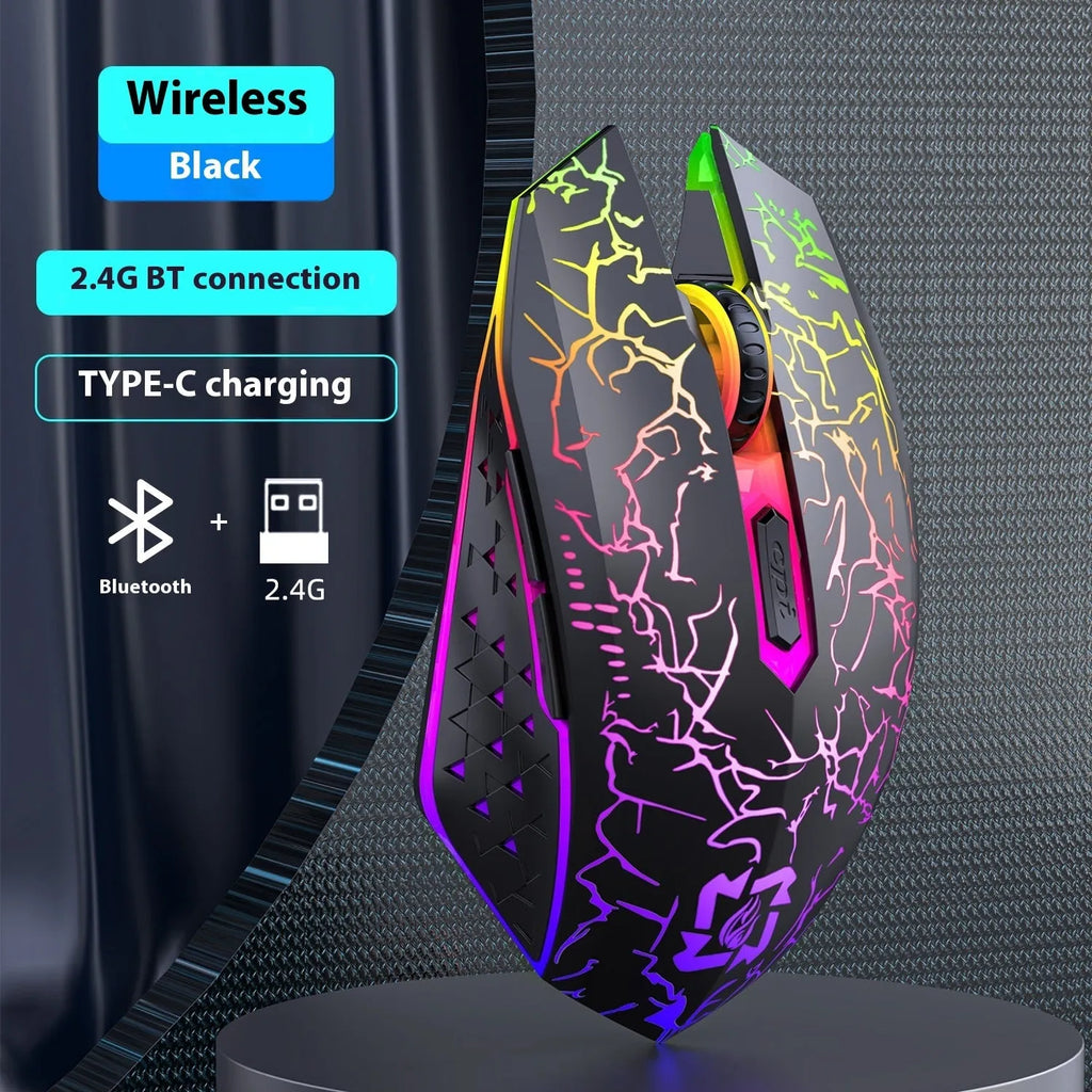 Black wireless gaming mouse with luminous breathing light effects on desktop with charging cable