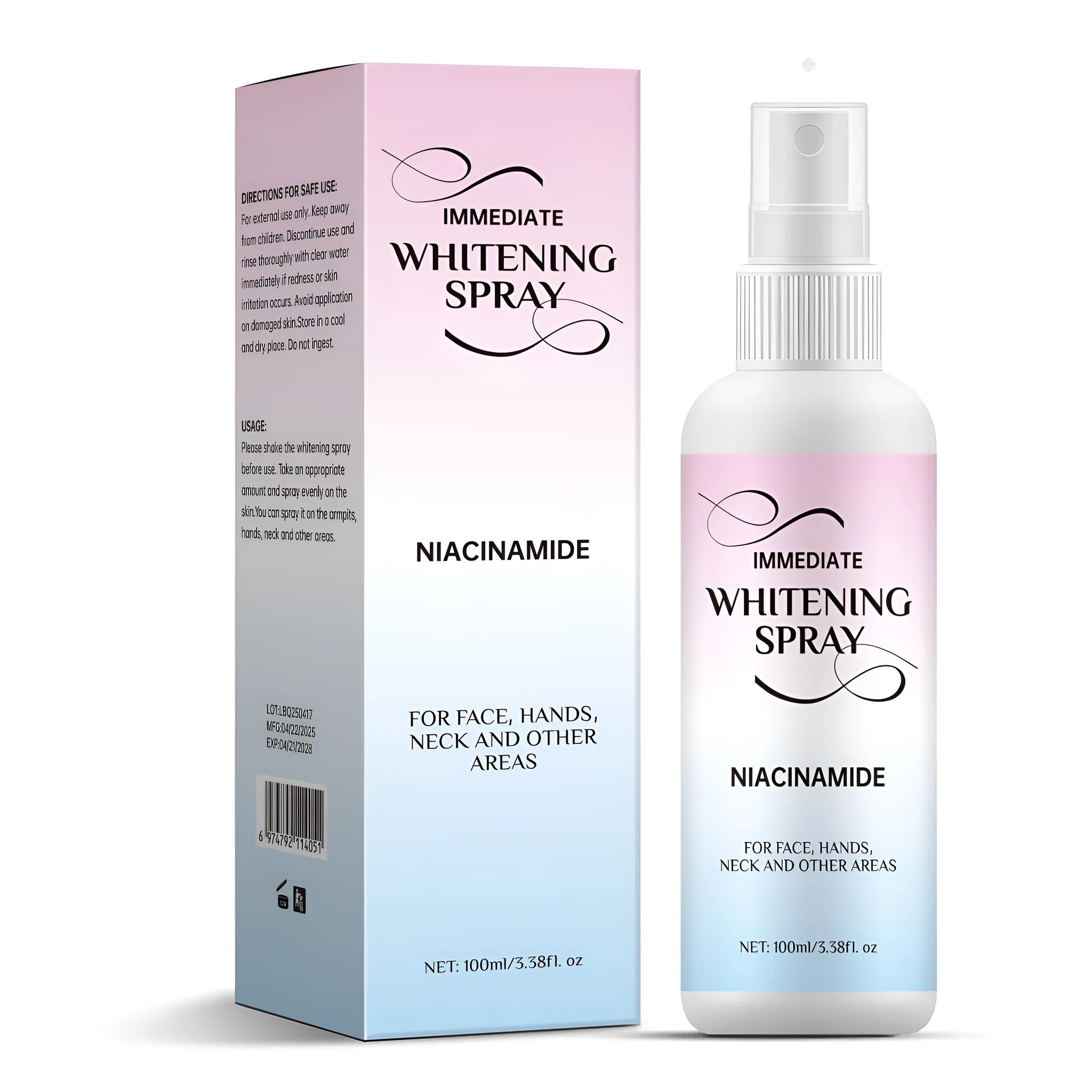 Compact 100 ml whitening spray bottle for brightening skin colour, sweat-proof formula.