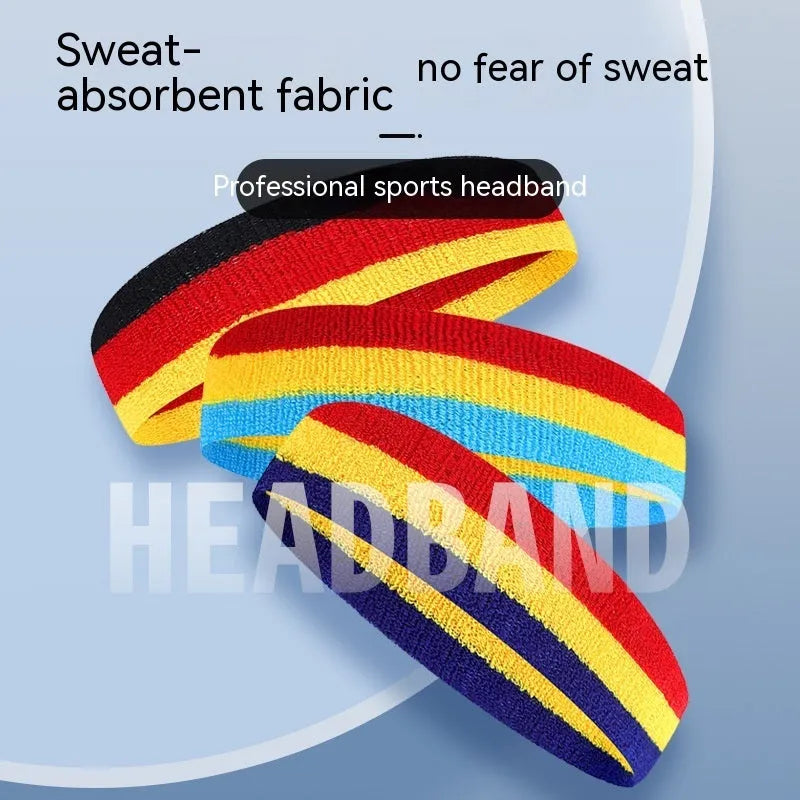 Cotton sports headband for adults in black red yellow colour combination measuring 5.5 by 20 cm