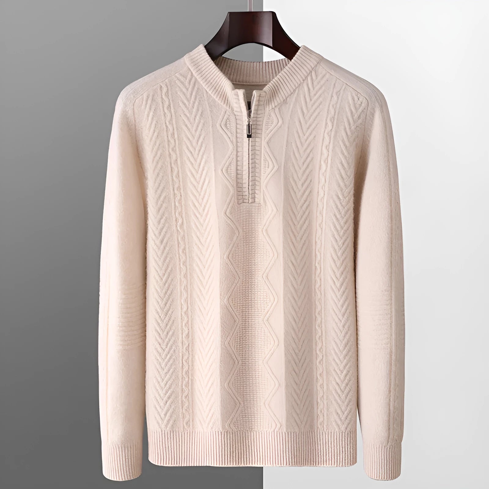 Men's grey diamond pattern wool sweater with half zip front and long sleeves