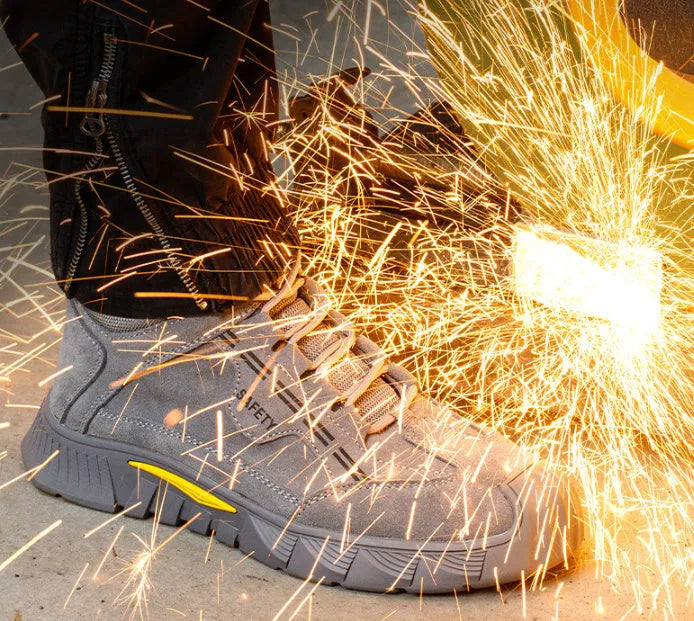 Men's winter high-top velvet cotton safety shoes with steel toe on grey background