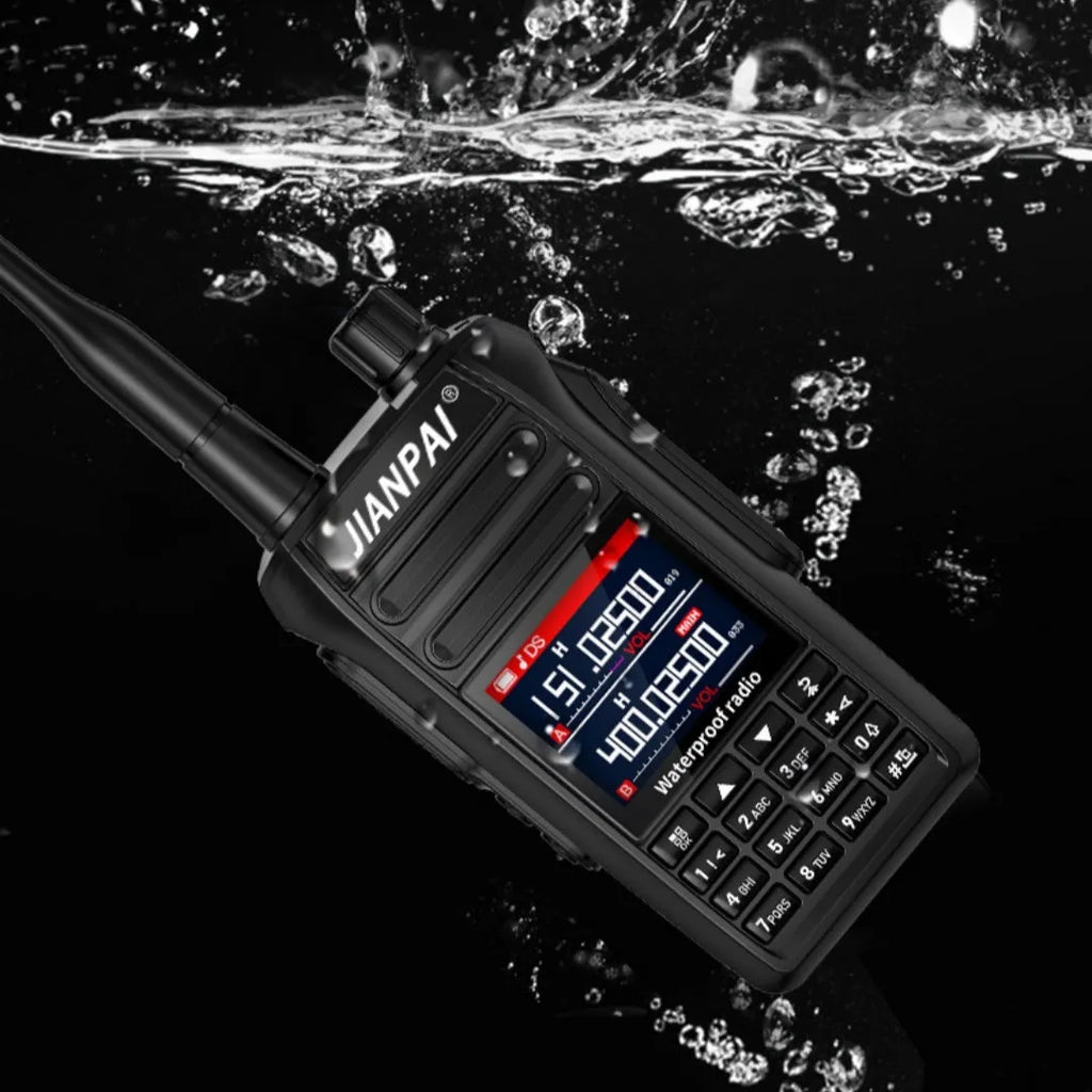 Black aviation radio headset with full band capability, waterproof and dustproof construction