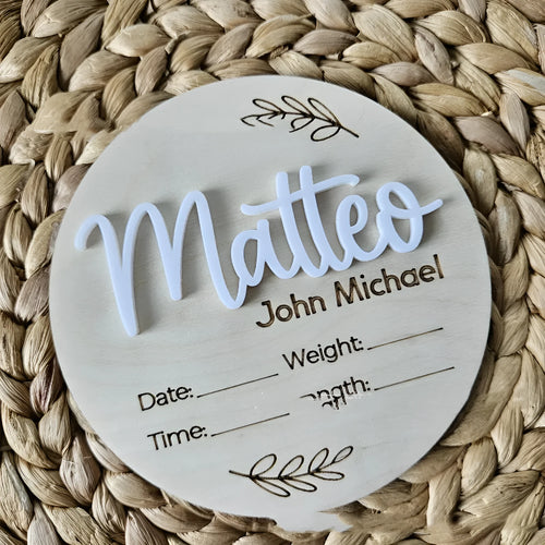 Square wooden baby name plaque showing newborn birth information, 15cm on each side.